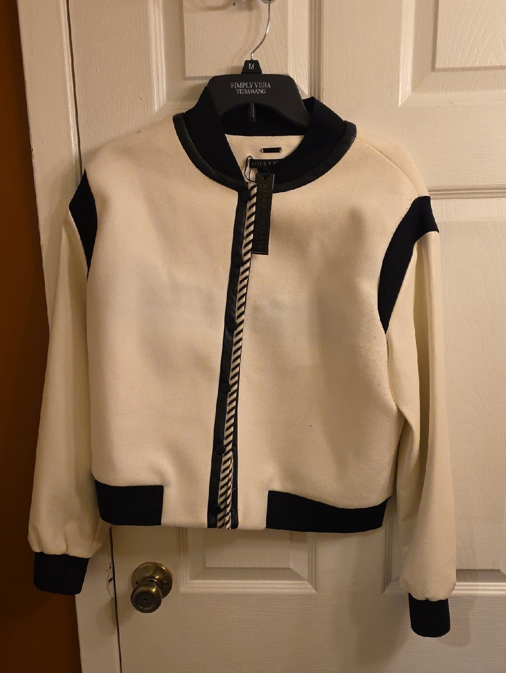 Alice + Olivia Ivory Bomber Jacket with Black Trim